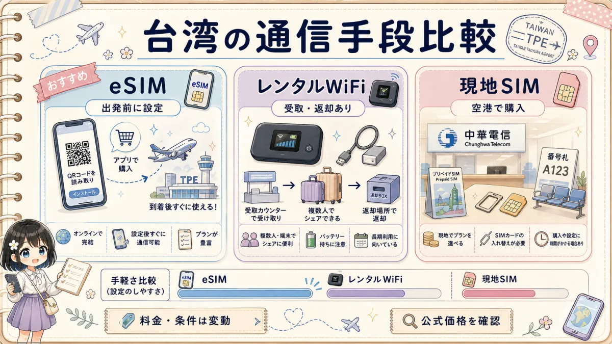 台湾旅行のeSIM、レンタルWiFi、現地SIMの通信手段比較図