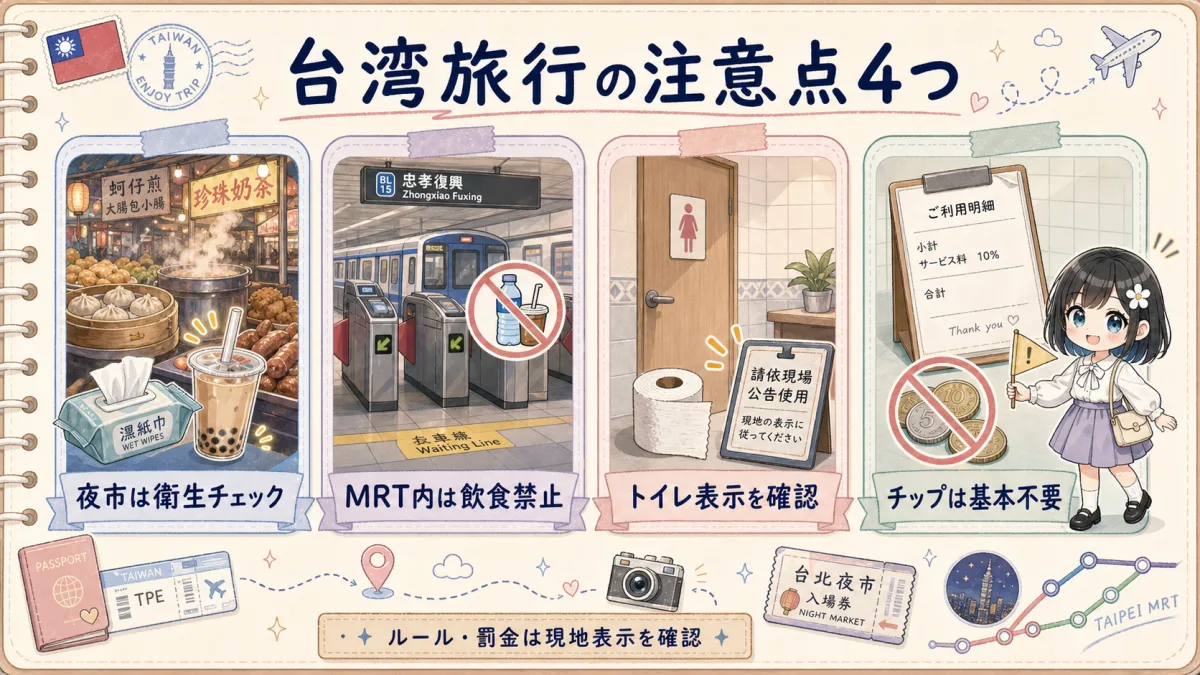 台湾旅行で注意したい夜市衛生、MRT飲食禁止、トイレ、チップの図解