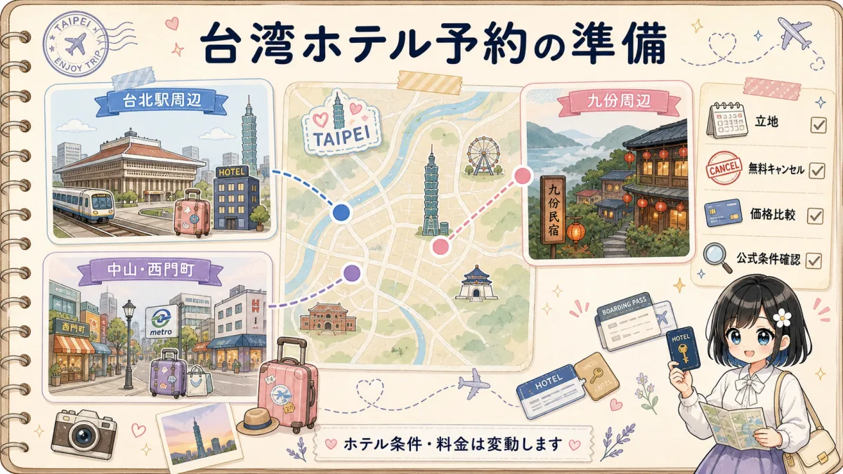 台湾ホテル予約で確認したいエリアと条件の旅行ノート風図解