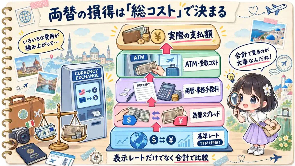 海外両替の総コストを基準レート、為替スプレッド、手数料、ATM受取コストに分けた図