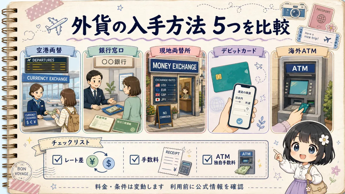空港両替、銀行窓口、現地両替所、デビットカード、海外ATMの比較ポイント