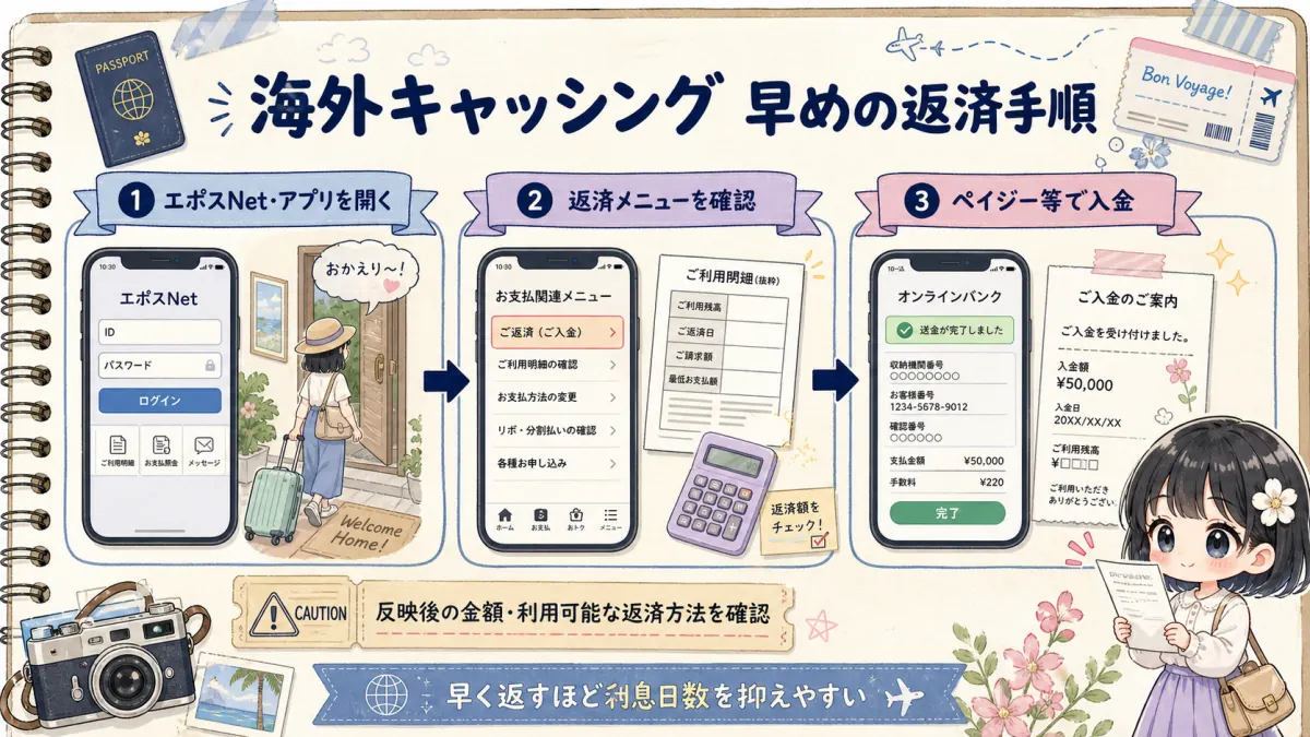エポスNetやアプリから海外キャッシングを早めに返済する3ステップ