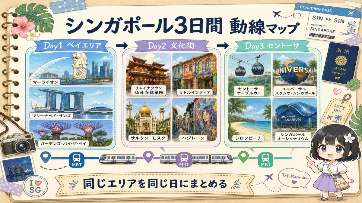 シンガポール3日間をベイエリア、文化街、セントーサの順に回る動線図
