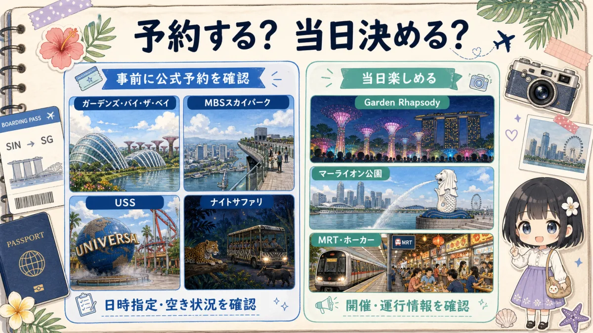 シンガポール観光で事前予約を確認する施設と当日楽しめる場所の比較