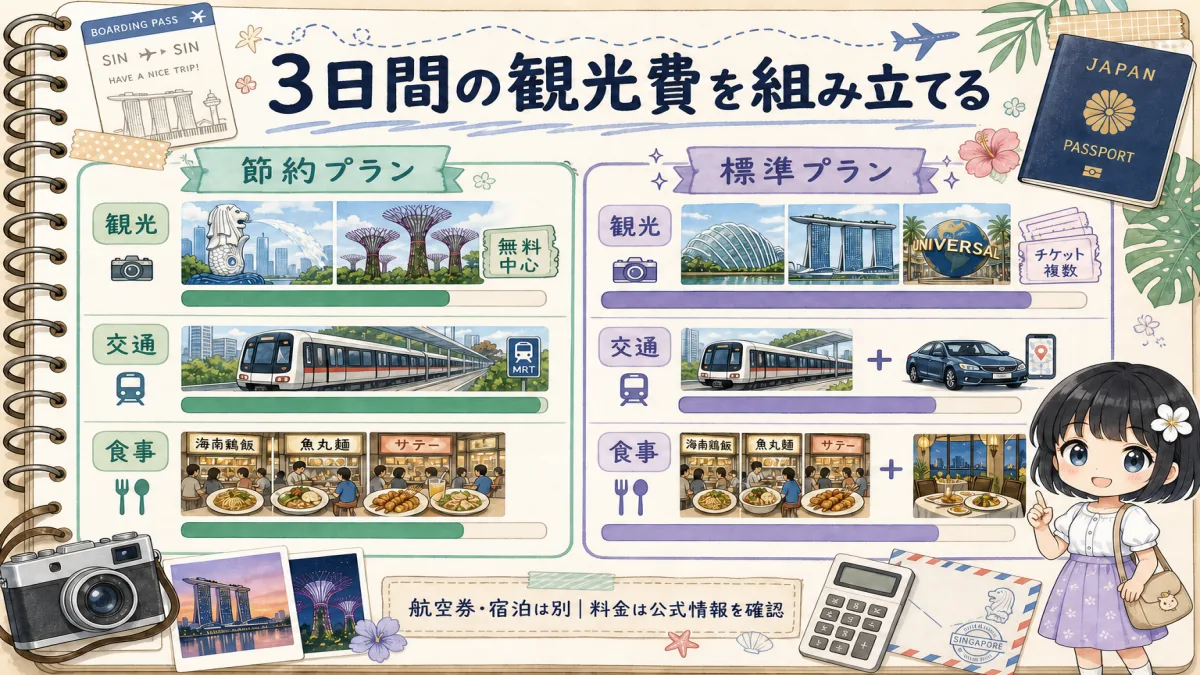 シンガポール3日間の観光費を節約プランと標準プランで組み立てる図