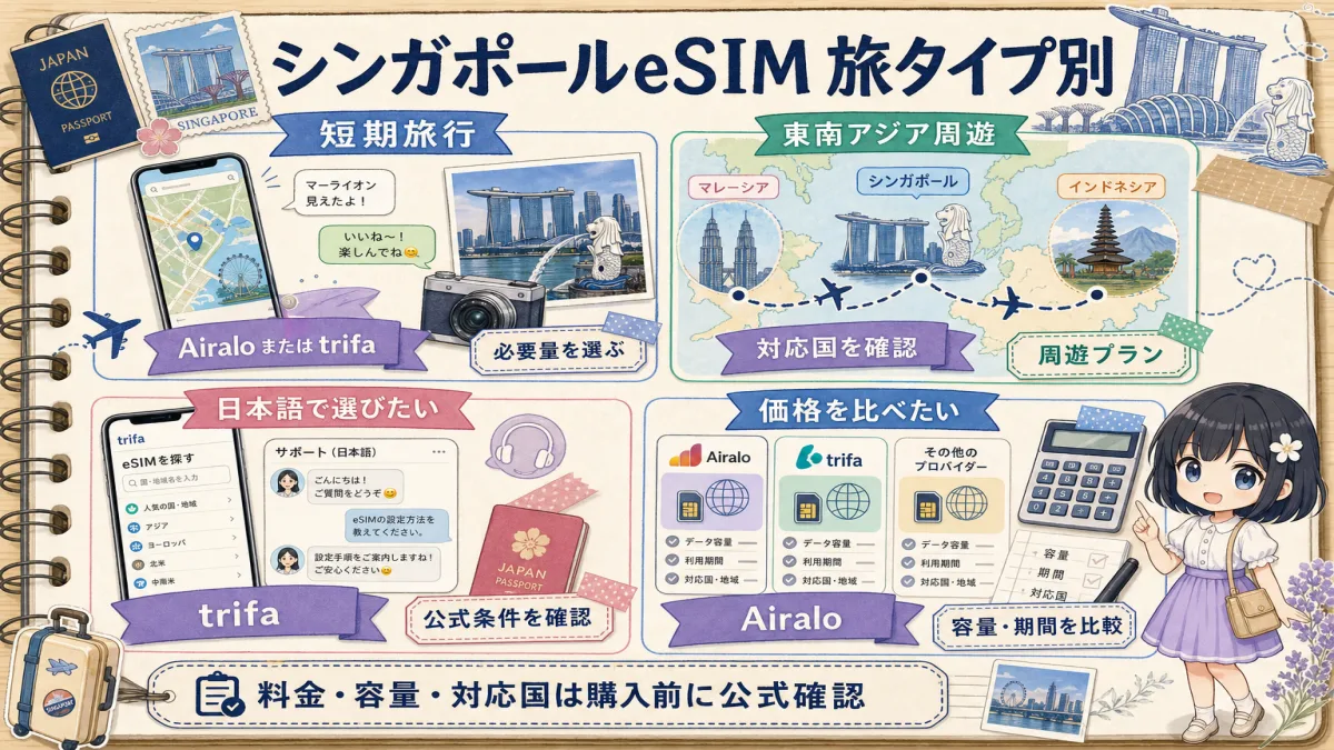 シンガポール旅行のeSIMを短期、周遊、日本語、価格比較の旅タイプ別に選ぶ図