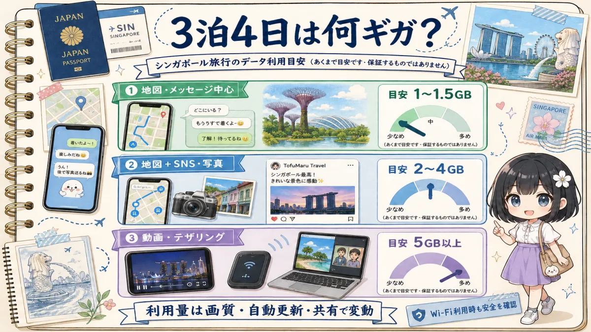 シンガポール3泊4日のeSIMデータ容量を使い方別に示した目安図