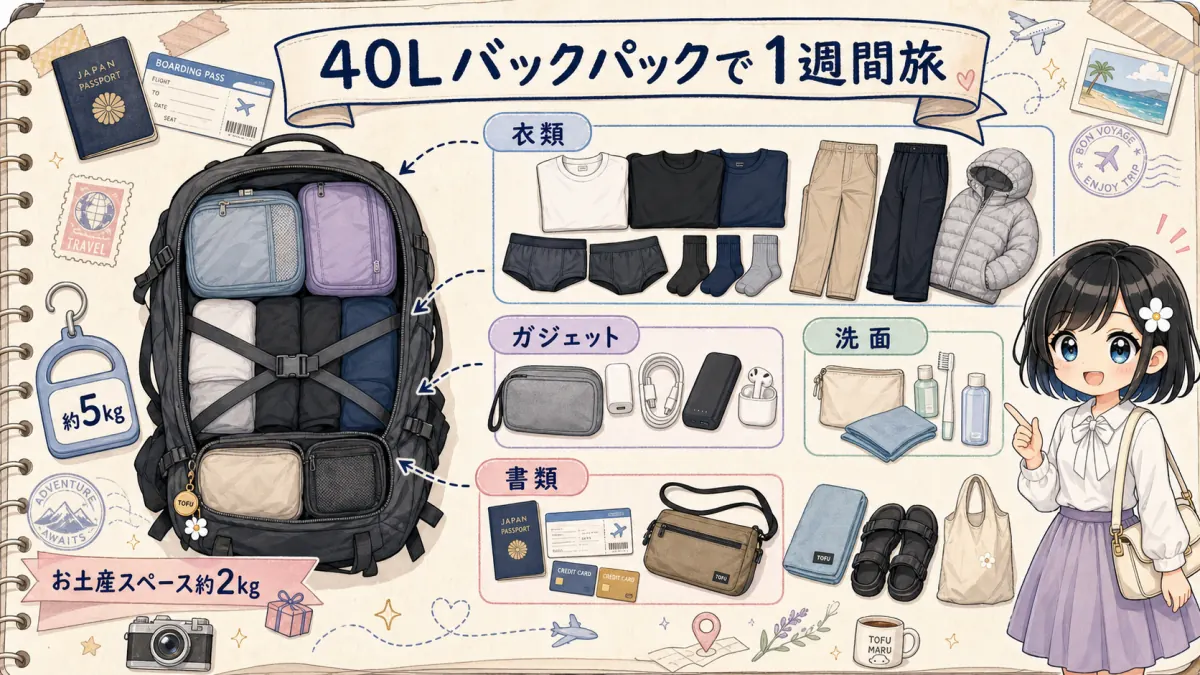 40Lバックパックで1週間旅するミニマル持ち物フラットレイ図解