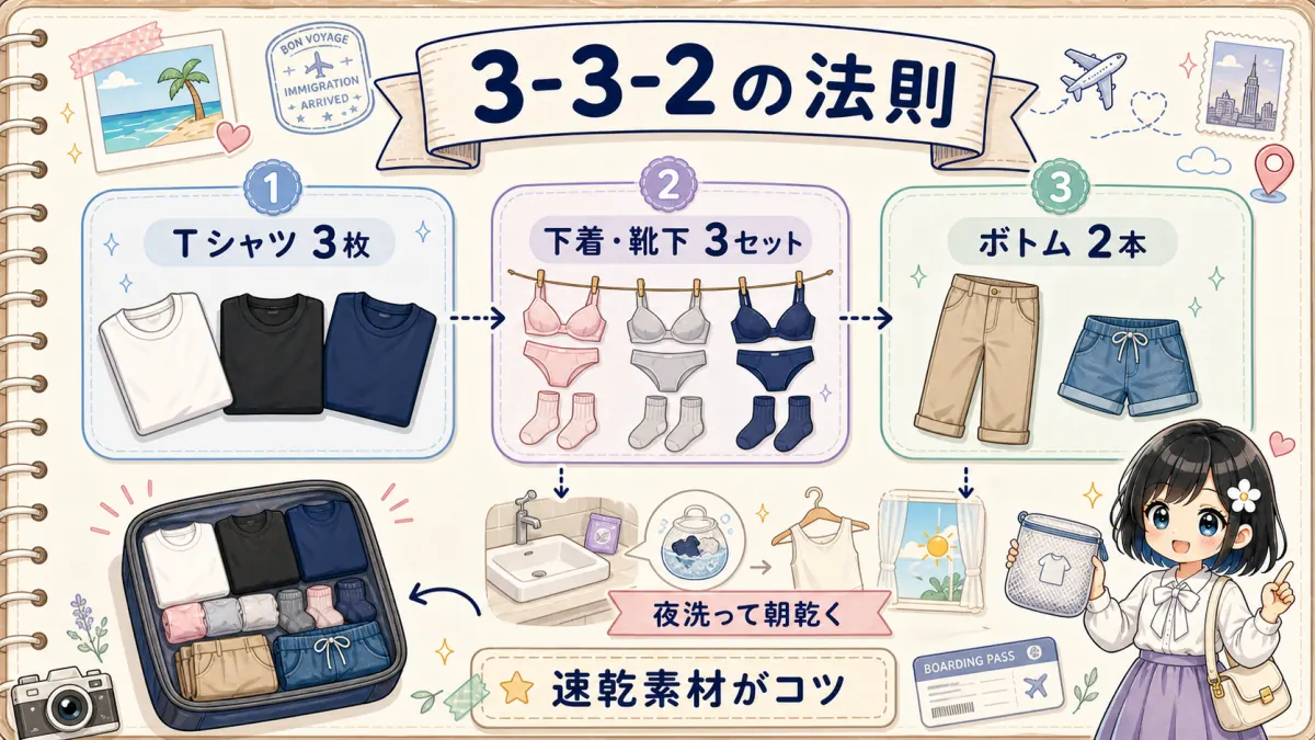 Tシャツ3枚下着靴下3セットボトム2本の3-3-2の法則図解