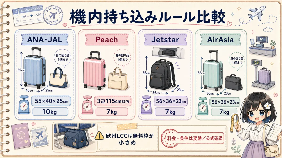 ANA JAL Peach Jetstar AirAsiaの機内持ち込みサイズと重量ルール比較図