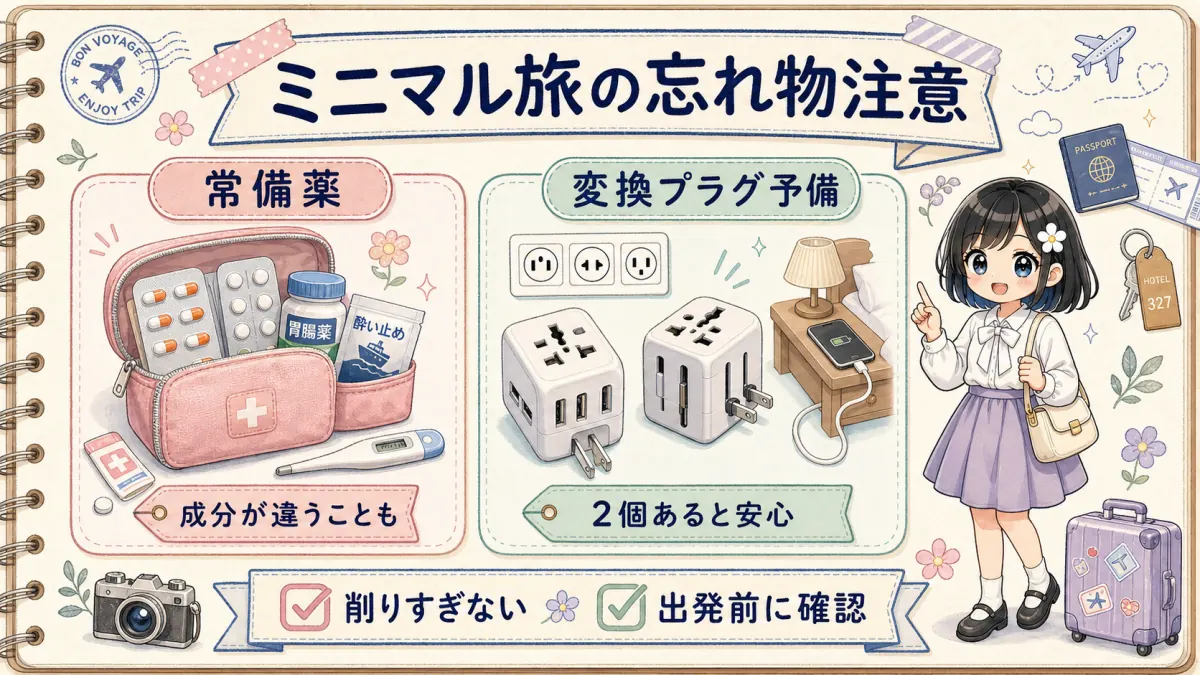 常備薬と変換プラグ予備を忘れないよう注意するTofuMaruちゃんの図解
