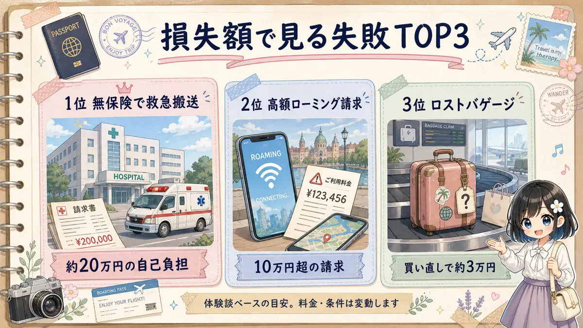 海外旅行で損失額が大きい失敗TOP3の旅行ノート風図解