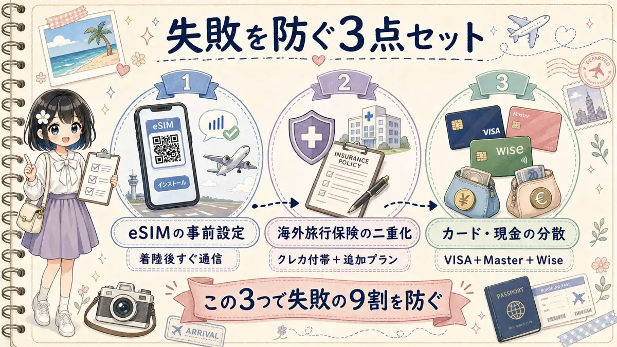海外旅行の失敗を防ぐeSIM・保険・キャッシュレスの3点セット図解