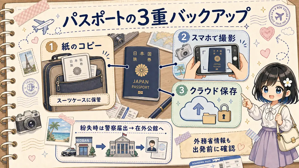 パスポート紛失に備える3重バックアップの図解