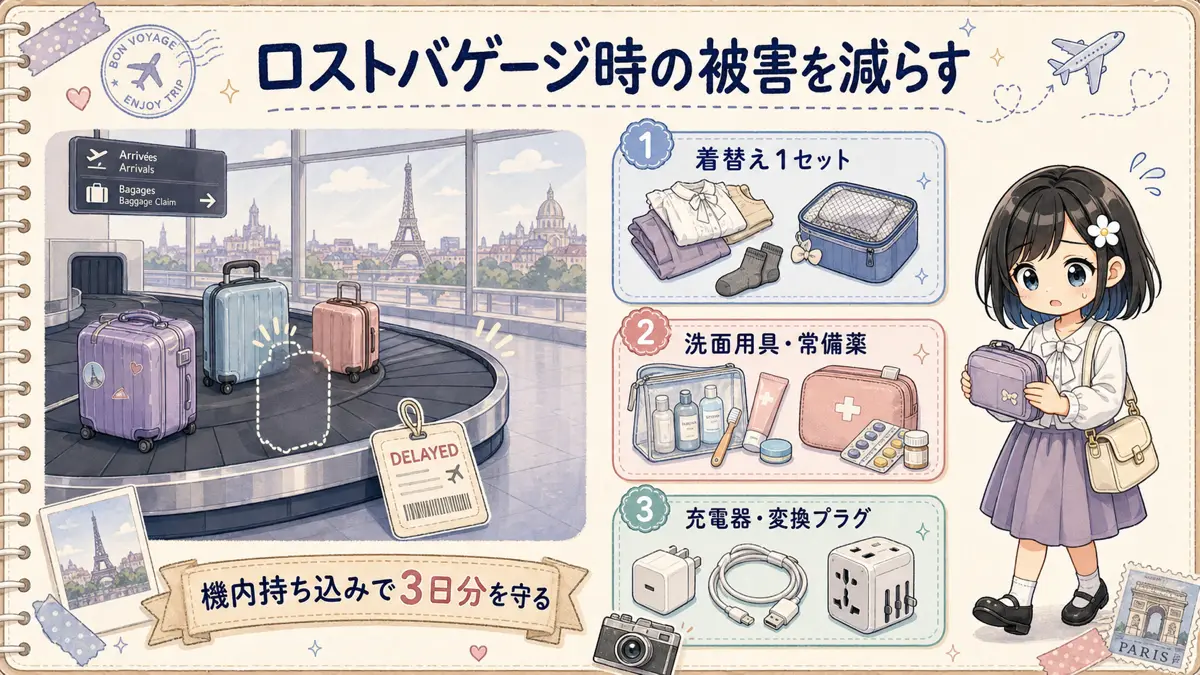 ロストバゲージ時の被害を減らす機内持ち込み準備の図解