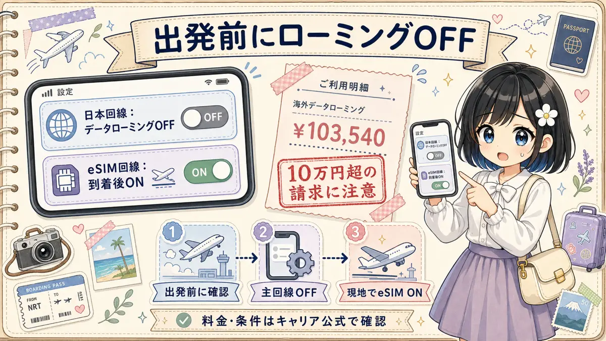出発前にデータローミングをOFFにする注意喚起図解