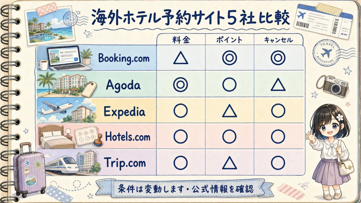 海外ホテル予約サイト5社の料金・ポイント・キャンセル条件を比較した旅行ノート風マトリクス図