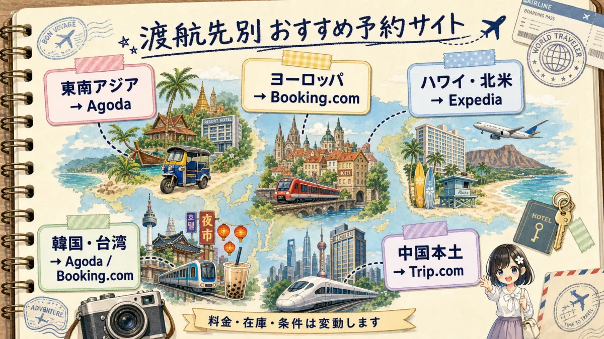 渡航先別におすすめの海外ホテル予約サイトを示した旅行ノート風マップ
