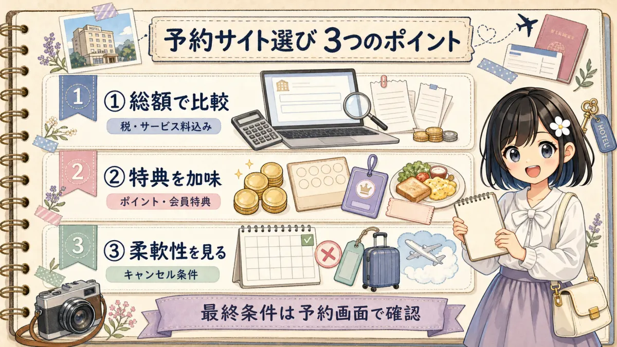 ホテル予約サイトを選ぶときの総額・特典・キャンセル条件の3ポイント図解