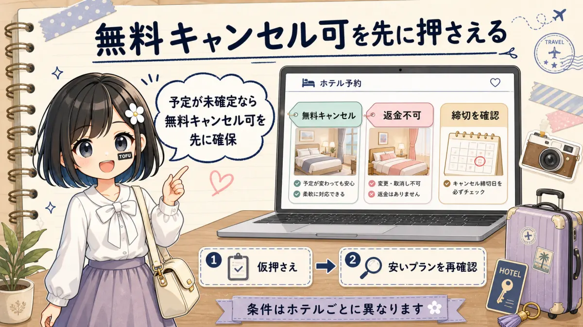 TofuMaruちゃんが無料キャンセル可能プランを先に押さえるコツを案内する図解