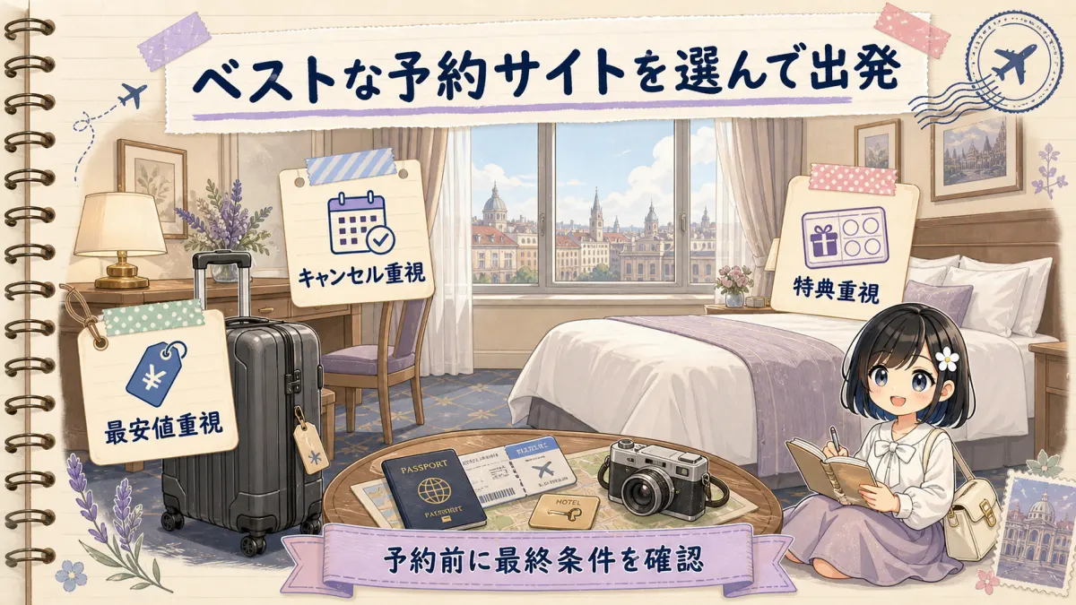 海外ホテルの客室と予約前チェック項目を描いた旅行ノート風イラスト
