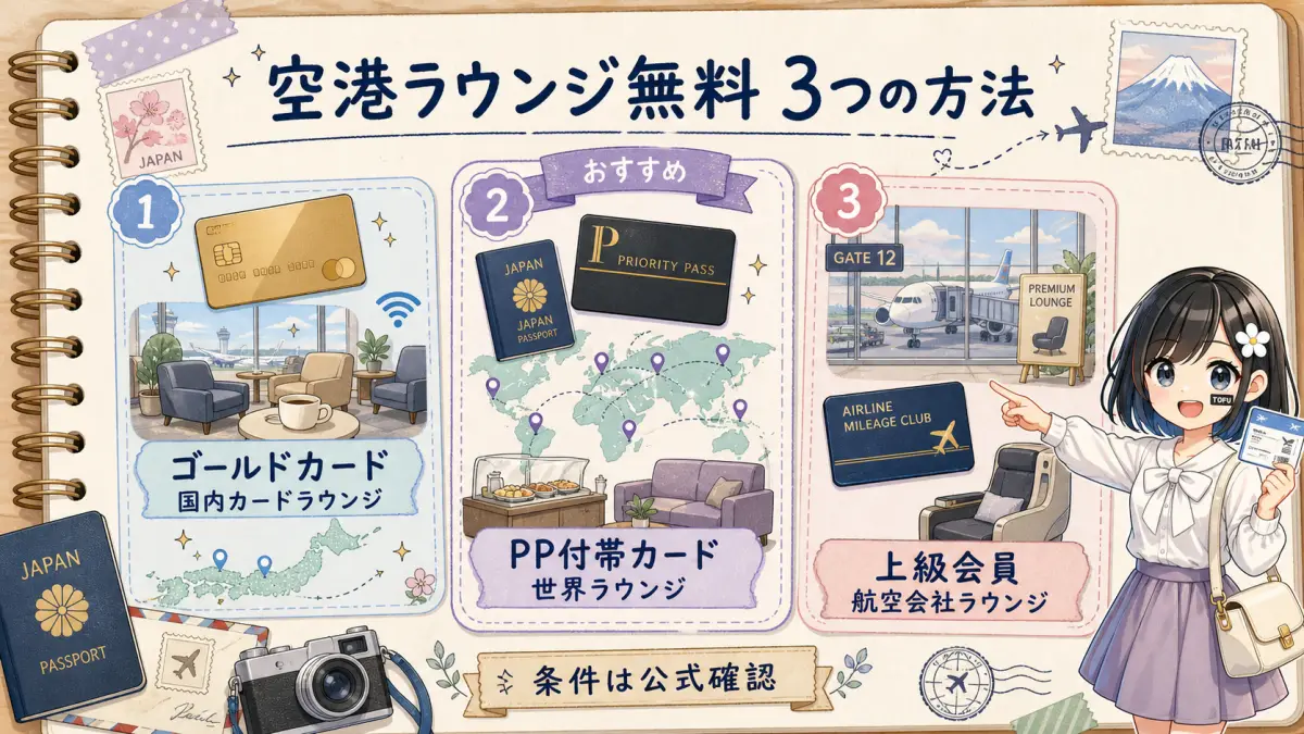 空港ラウンジを無料で使う3つの方法を比較した旅行ノート風図解