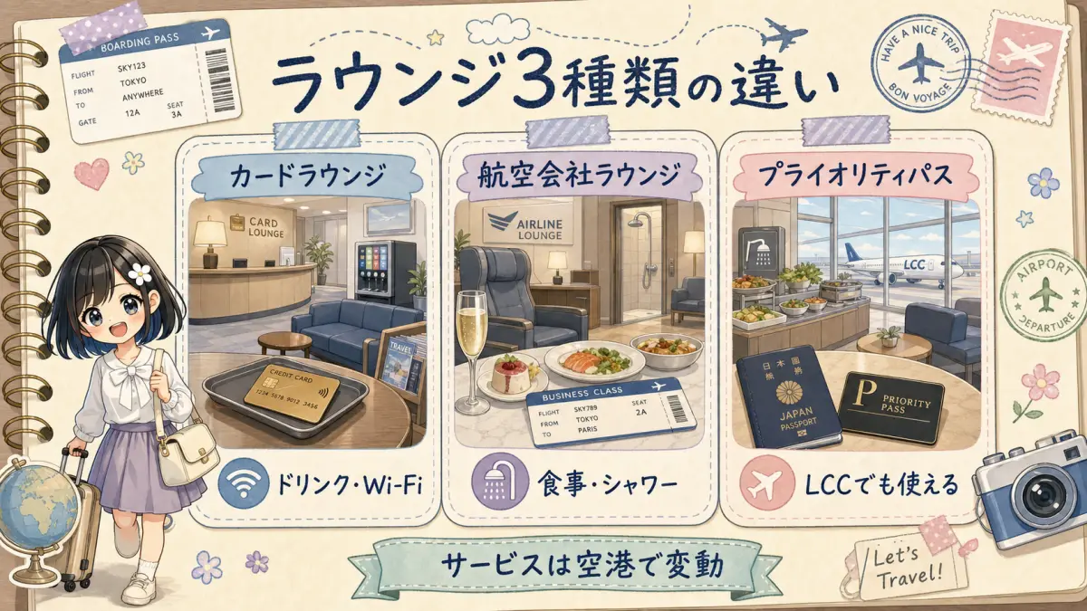 カードラウンジ、航空会社ラウンジ、プライオリティパスの違いを示す図解