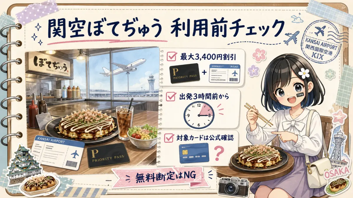 関空ぼてぢゅうのプライオリティパス利用条件を案内するTofuMaruちゃんの図解