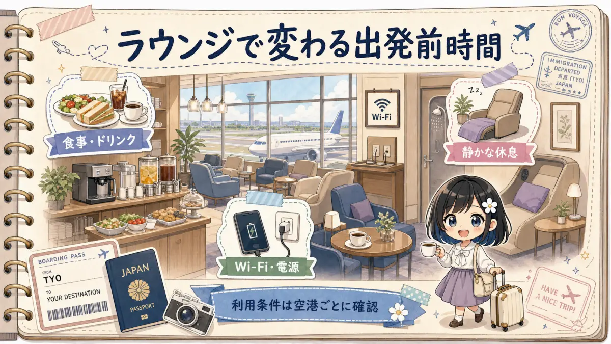 空港ラウンジで食事やWi-Fiや休息を利用できる情景イラスト