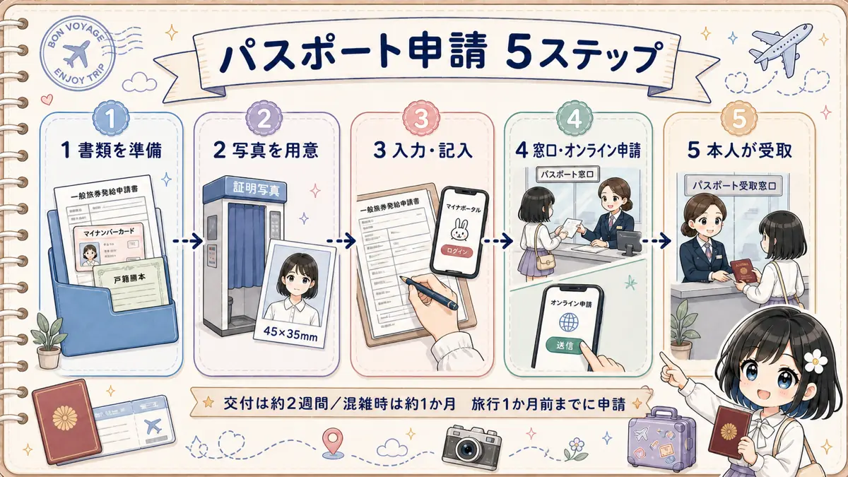 パスポート申請の書類準備から本人受取までの5ステップ図