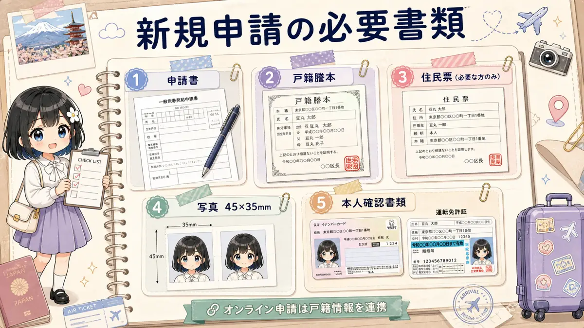パスポート新規申請に必要な申請書・戸籍謄本・写真・本人確認書類の図