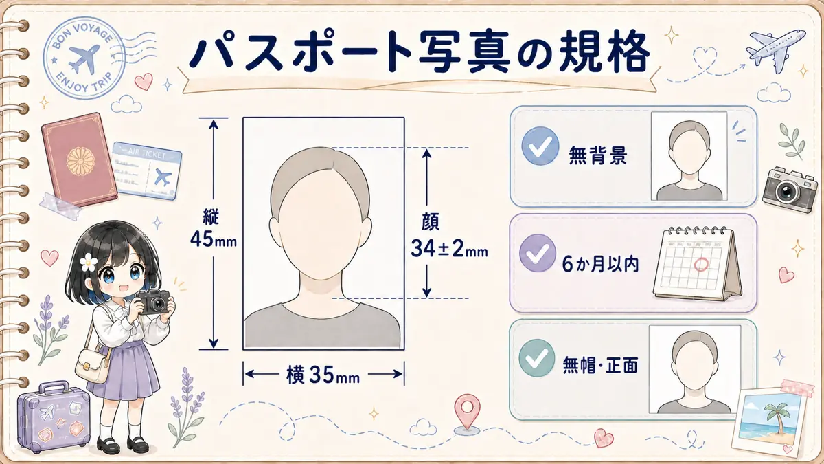 縦45mm横35mmで顔の大きさ34プラスマイナス2mmのパスポート写真規格図
