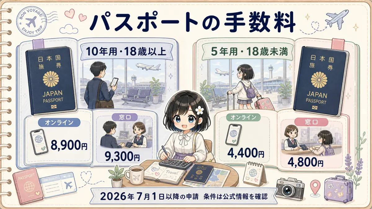 2026年7月以降のパスポート手数料をオンライン申請と窓口申請で比較した図