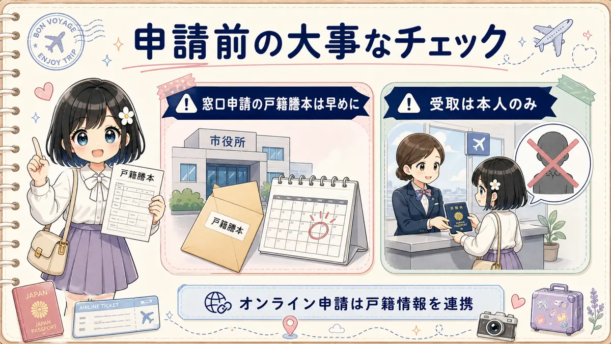 戸籍謄本の早めの準備とパスポート本人受取を案内するTofuMaruちゃん