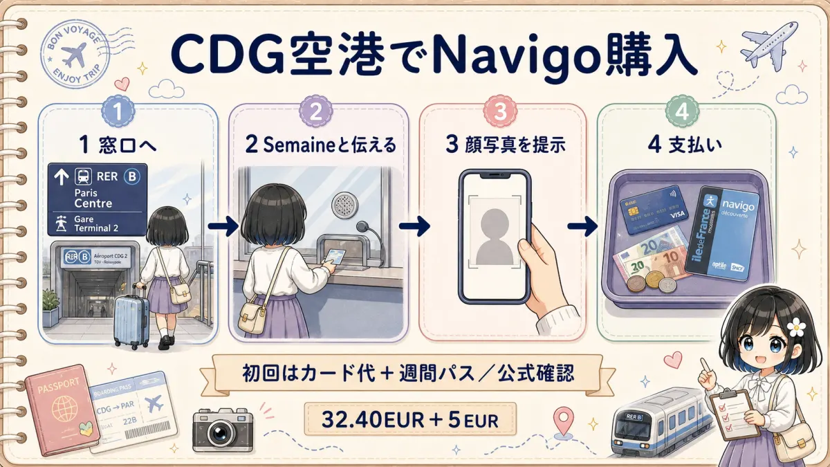 CDG空港でNavigoを購入する4ステップ図