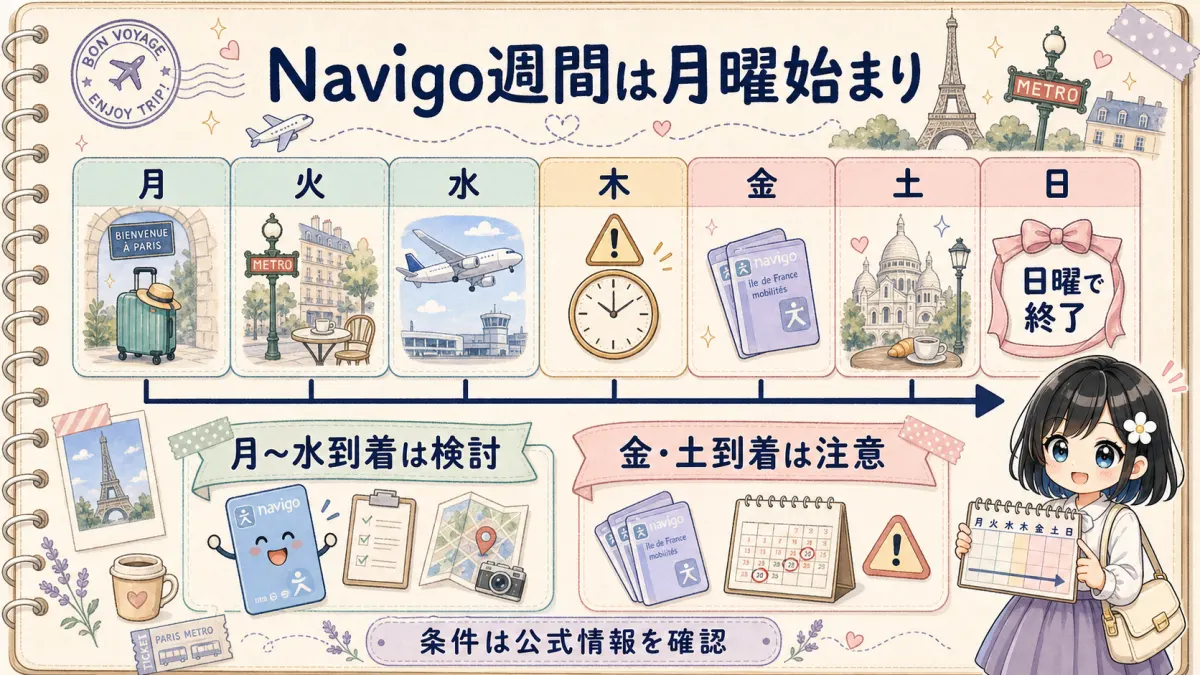 Navigo週間パスの月曜始まり日曜終了ルールのカレンダー図