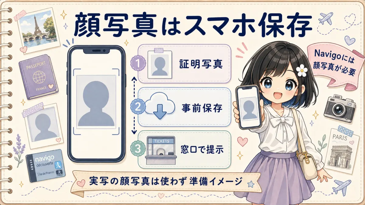 Navigo用の顔写真をスマホに保存して準備する案内イラスト