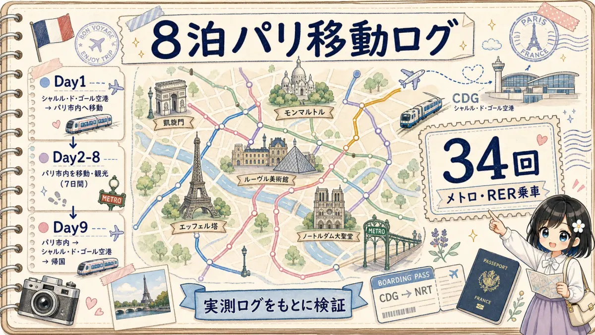 8泊パリ滞在でのメトロとRER乗車ログの図解