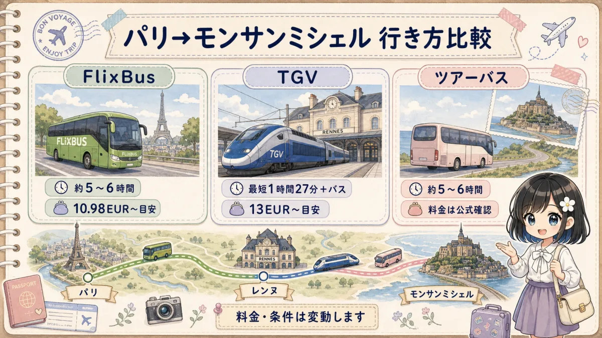パリからモンサンミシェルへのFlixBus・TGV・ツアーバス比較図