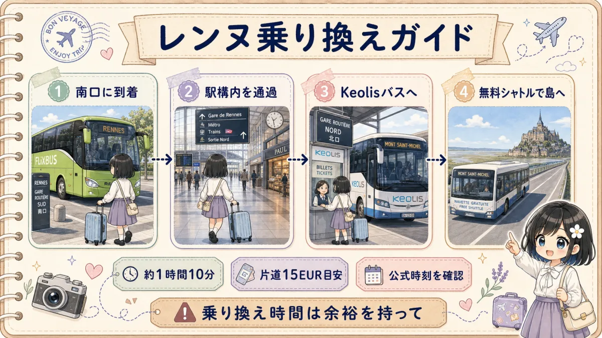 レンヌ駅でFlixBusからKeolisバスへ乗り換える手順図