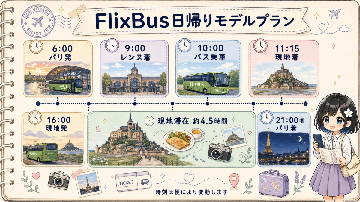 FlixBusでパリからモンサンミシェルへ日帰りするモデルプランのタイムライン
