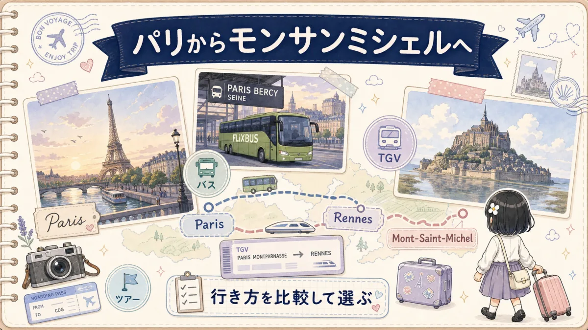 パリからレンヌ経由でモンサンミシェルへ向かう交通ルートの旅行ノート風イラスト