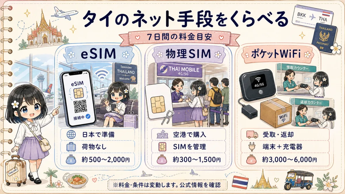 タイ旅行のeSIM・物理SIM・ポケットWiFiの料金と準備を比較した図