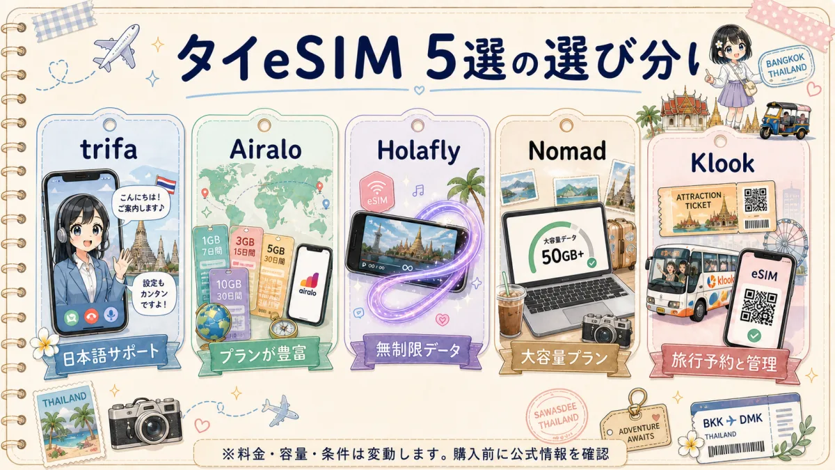 タイ旅行向けeSIM5サービスの特徴を比較した選び分け図