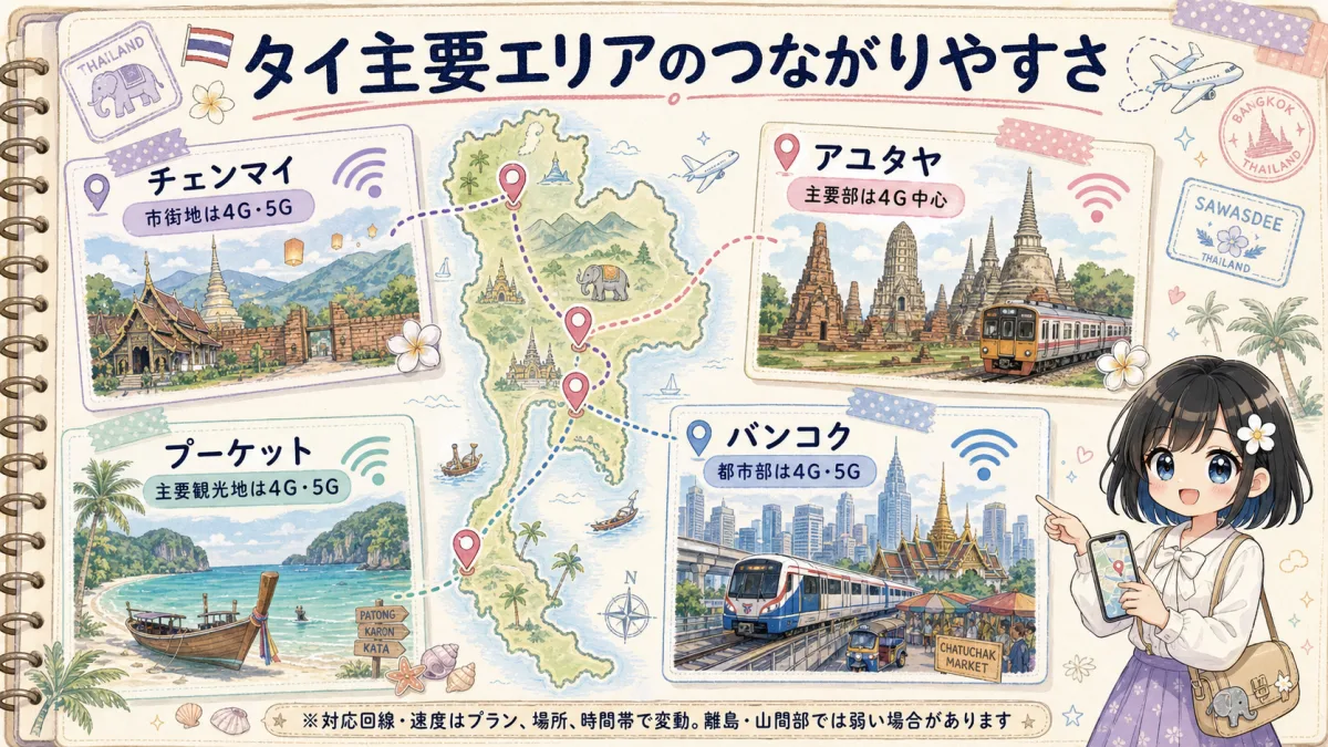 バンコク・チェンマイ・アユタヤ・プーケットの通信状況を示すタイ地図