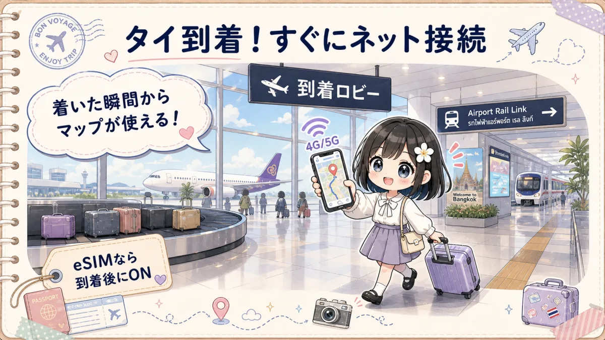 タイの空港到着直後にeSIMで地図を使うTofuMaruちゃん