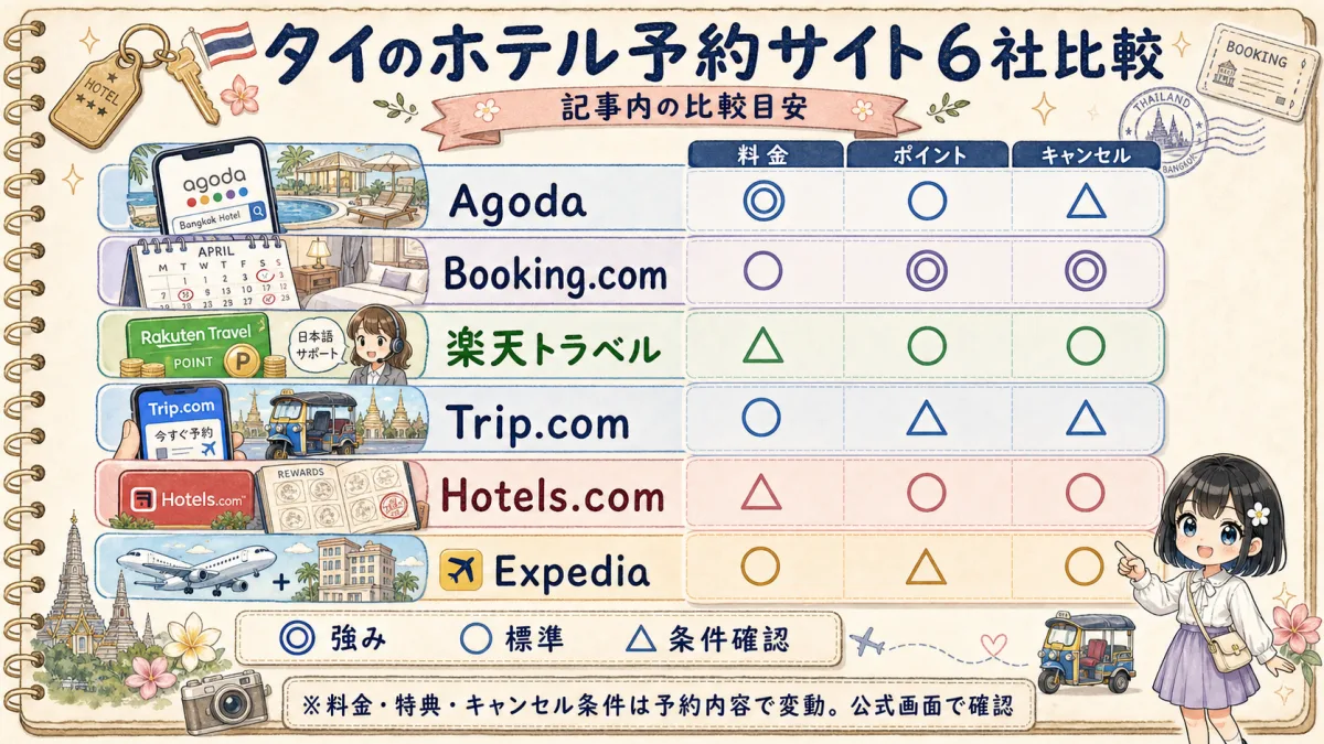 タイのホテル予約サイト6社を料金・ポイント・キャンセルで比較した図