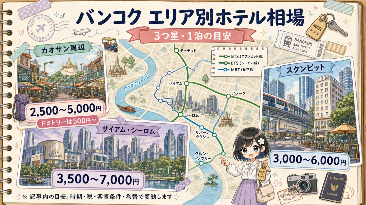 スクンビット・サイアムとシーロム・カオサン周辺のホテル相場図
