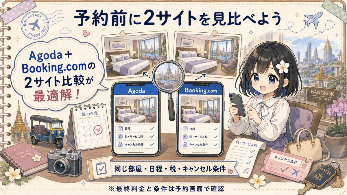 AgodaとBooking.comで同じホテル条件を比較するTofuMaruちゃん