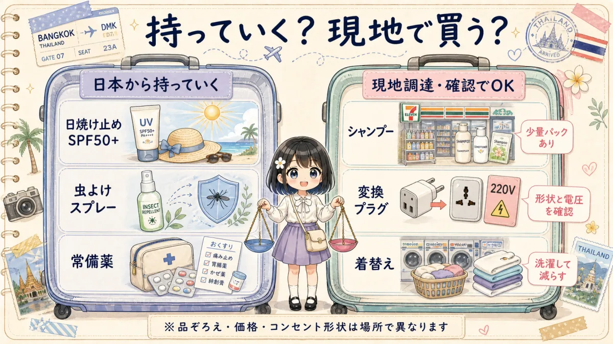 タイ旅行で日本から持参する物と現地調達する物の仕分け図